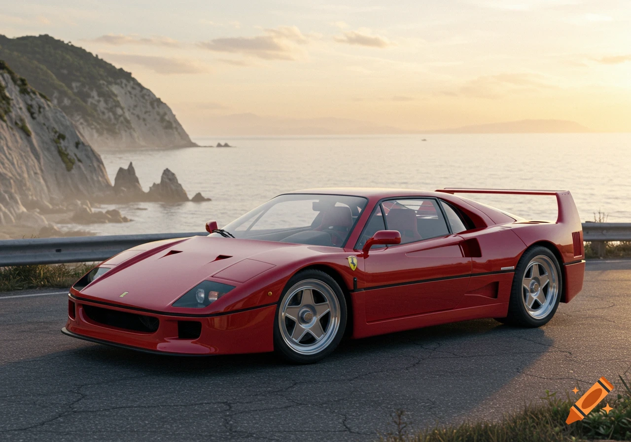A photorealistic red Ferrari F40 parked on a coastal road at sunset, with mountains and the ocean in the background.