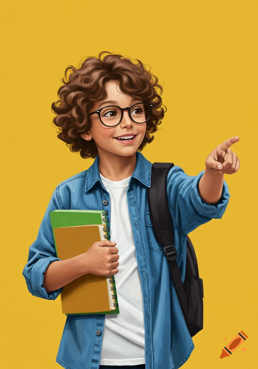 Stylized illustration of a smiling boy with curly hair and glasses, holding books, pointing on a yellow background.