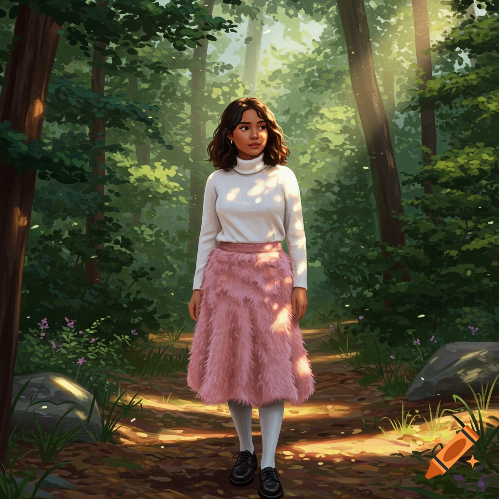 A young Latina woman in a white turtleneck, pink furry skirt, white leggings, and black shoes walks on a sunlit path in a lush forest.