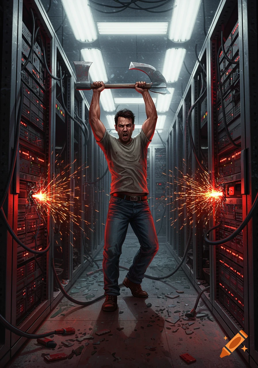 A man in a server room raises a large axe overhead, destroying servers as sparks fly. Digital art.