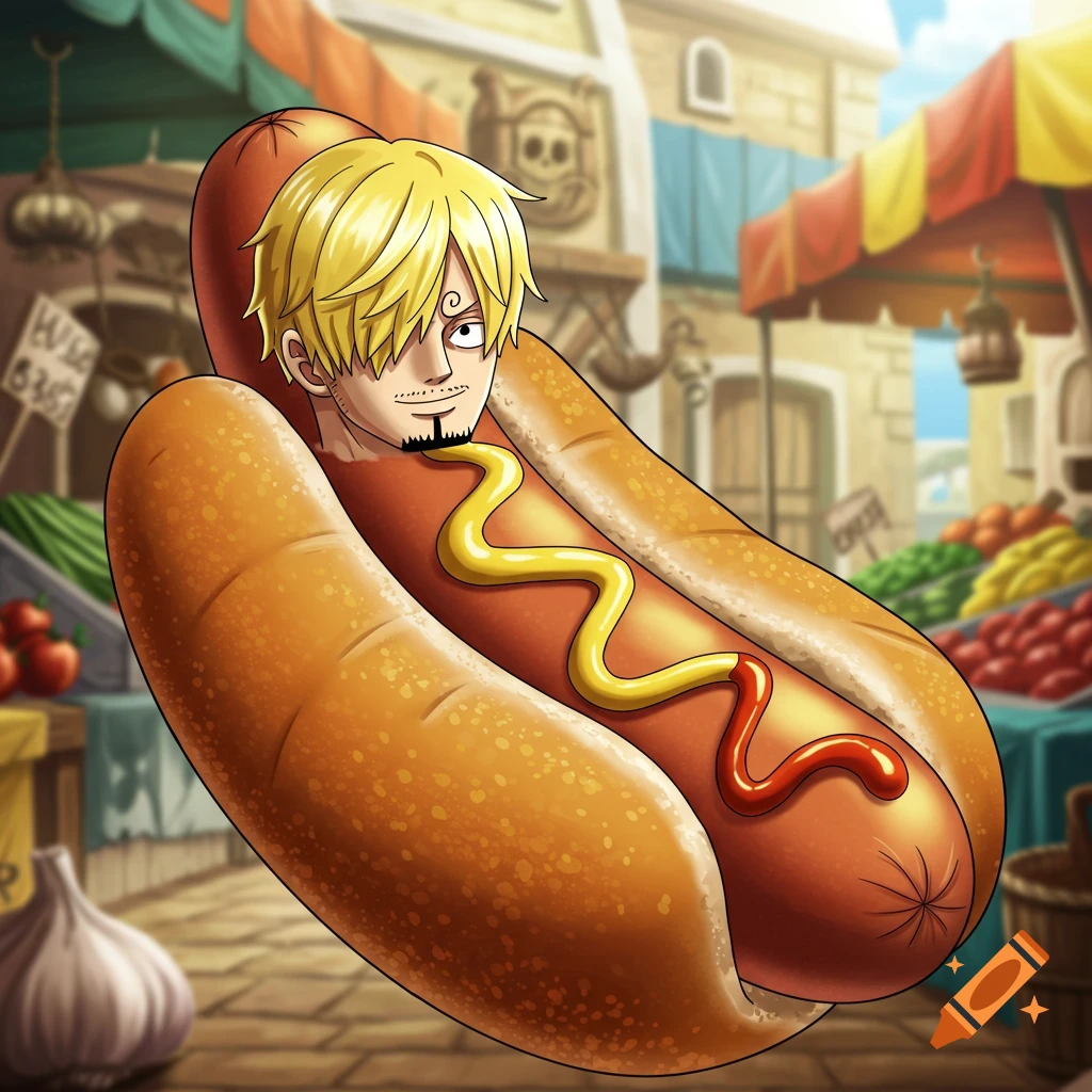 Anime-style illustration of Sanji from One Piece as a hotdog with mustard and ketchup, in a vibrant market setting.