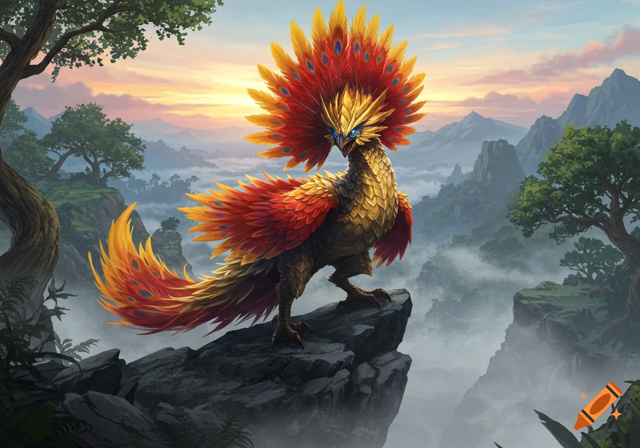 A vibrant Aknosom, a phoenix-like creature with golden and red feathers, stands on a rocky cliff overlooking a misty mountain landscape at sunset.