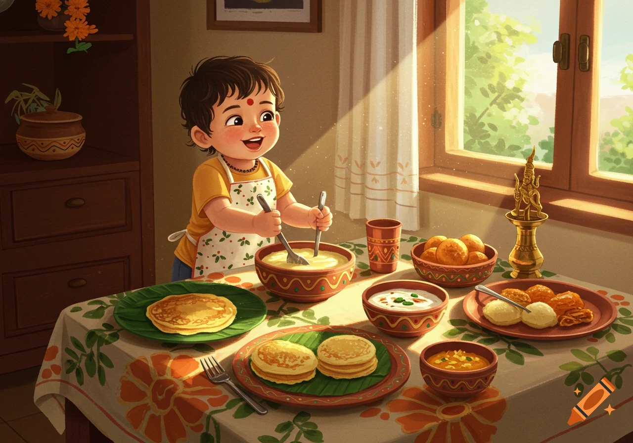 Cheerful toddler in an apron stirs a bowl on a festive table laden with Onam Sadya dishes, bright cartoon illustration.