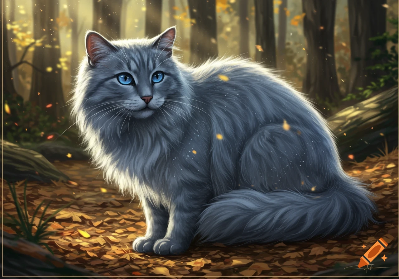 A fluffy blue-gray cat with striking blue eyes sits among golden autumn leaves in a sun-dappled forest, in a fantasy art style.