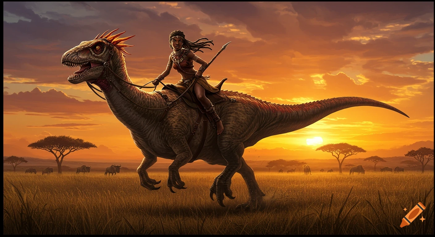 An African warrior princess with dreadlocks rides a saddled dinosaur across a golden savanna at sunset.