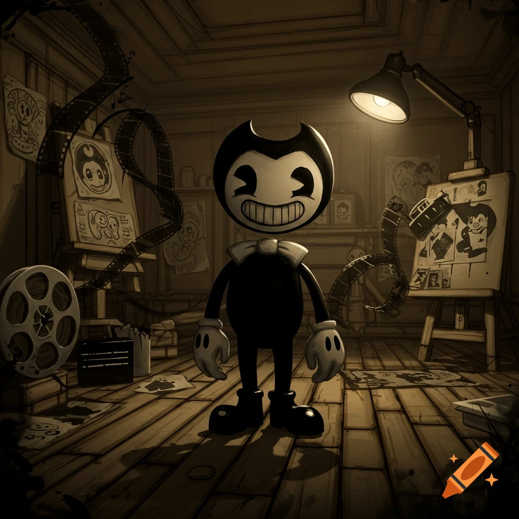 Bendy, a black and white cartoon character, grins in a dimly lit sepia-toned artist's studio with film reels and sketches.