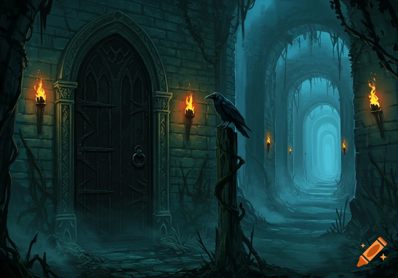 A dark gothic door with a crow perched on a post in an eerie, torchlit stone corridor, fantasy art.