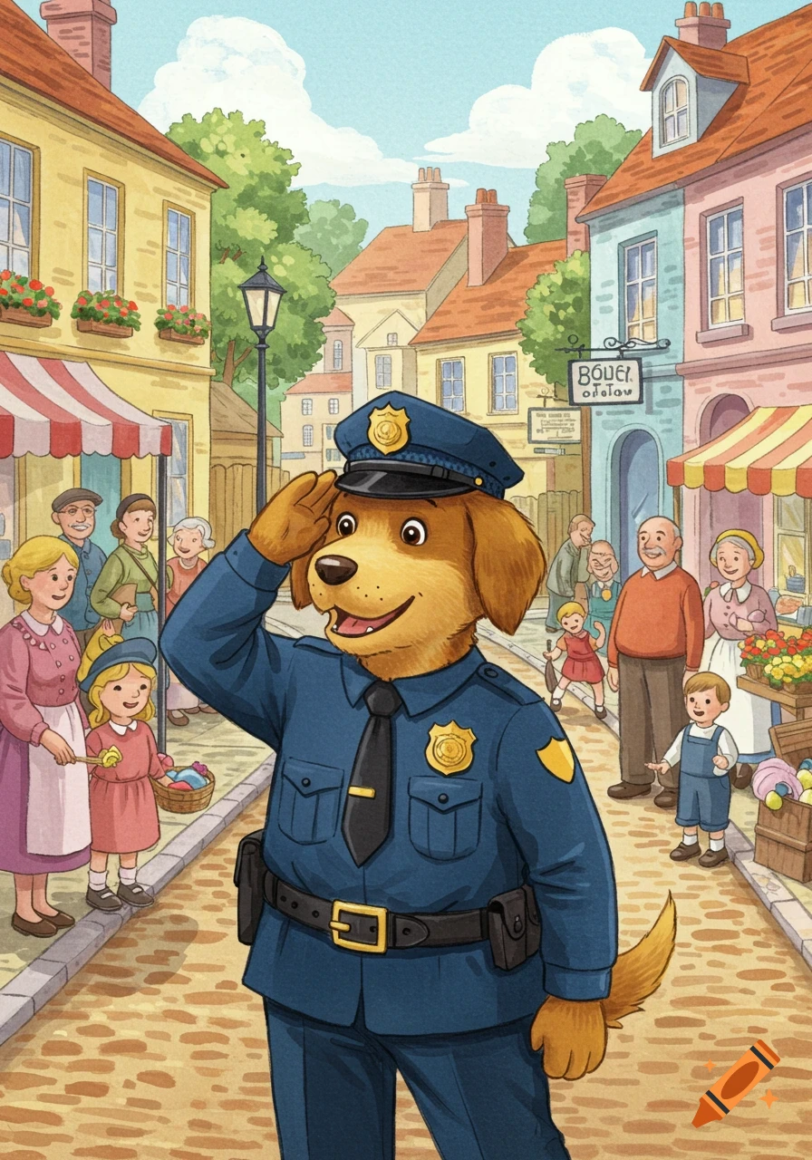 A friendly dog police officer salutes in a colorful town, surrounded by smiling townspeople, in a children's book illustration style.