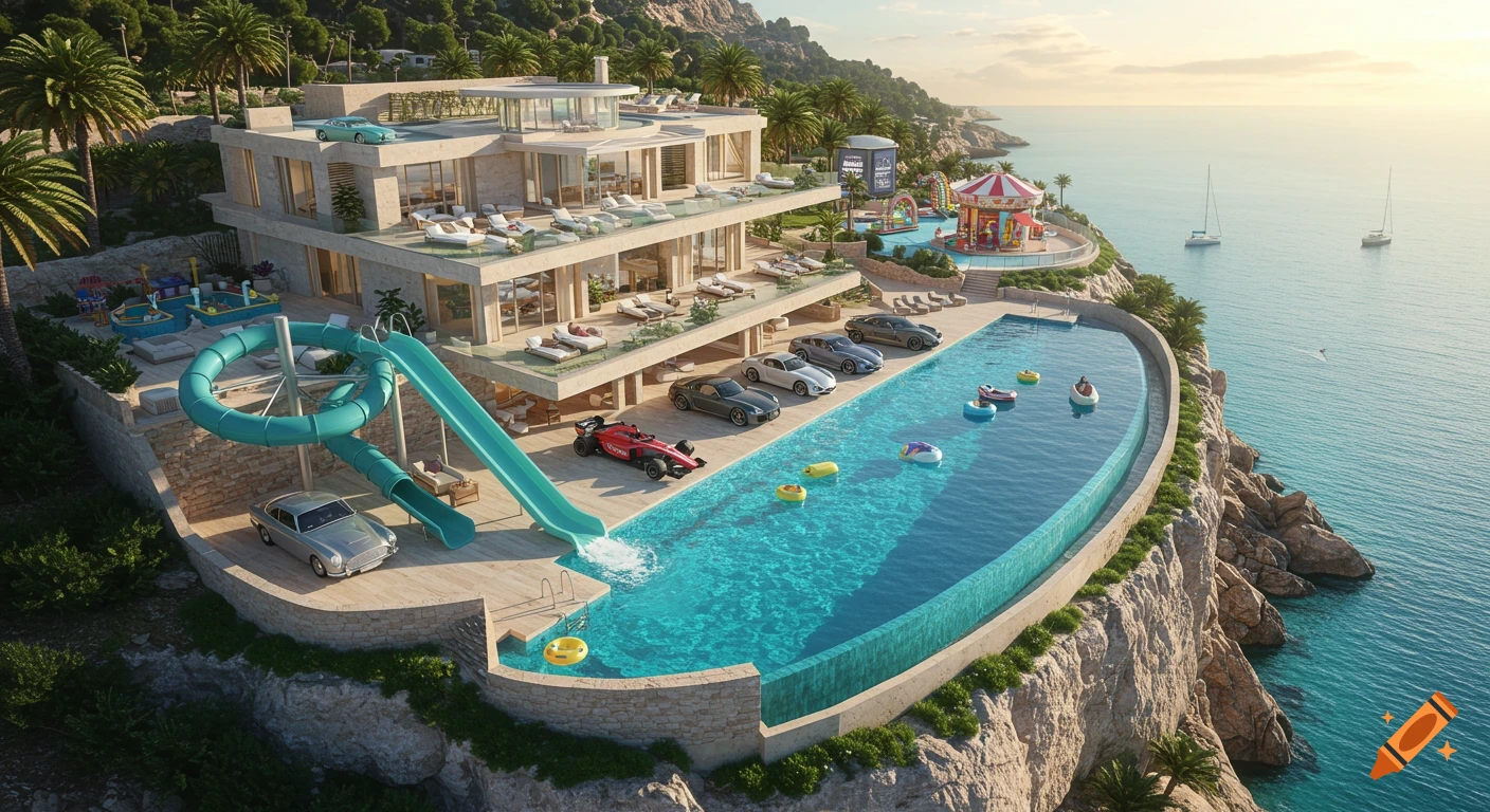 An opulent cliffside dream villa with multiple levels, an infinity pool with waterslides, luxurious cars, and a mini amusement park overlooking a turquoise sea at sunset.