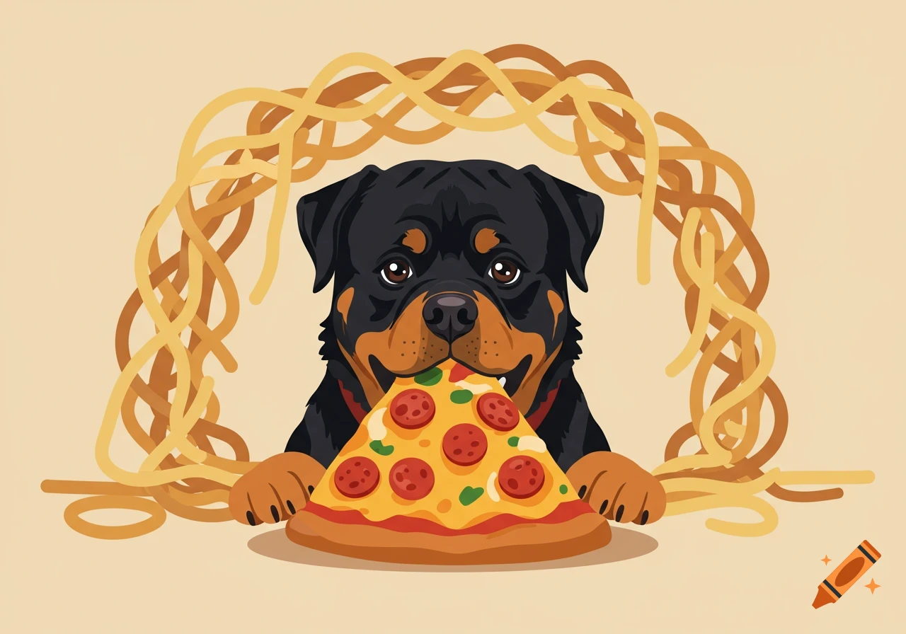 A cute cartoon rottweiler smiles while holding a slice of pepperoni pizza in its mouth, framed by spaghetti.