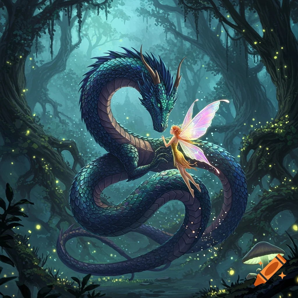 A large green and blue dragon looks gently at a small winged fairy in an enchanted forest filled with glowing lights.
