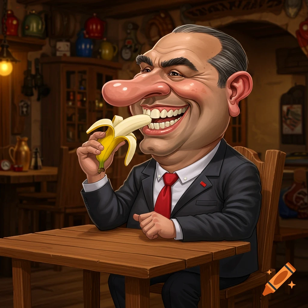 Smiling caricature of a man with exaggerated features, wearing a suit, happily eating a banana at a wooden table in a rustic room.