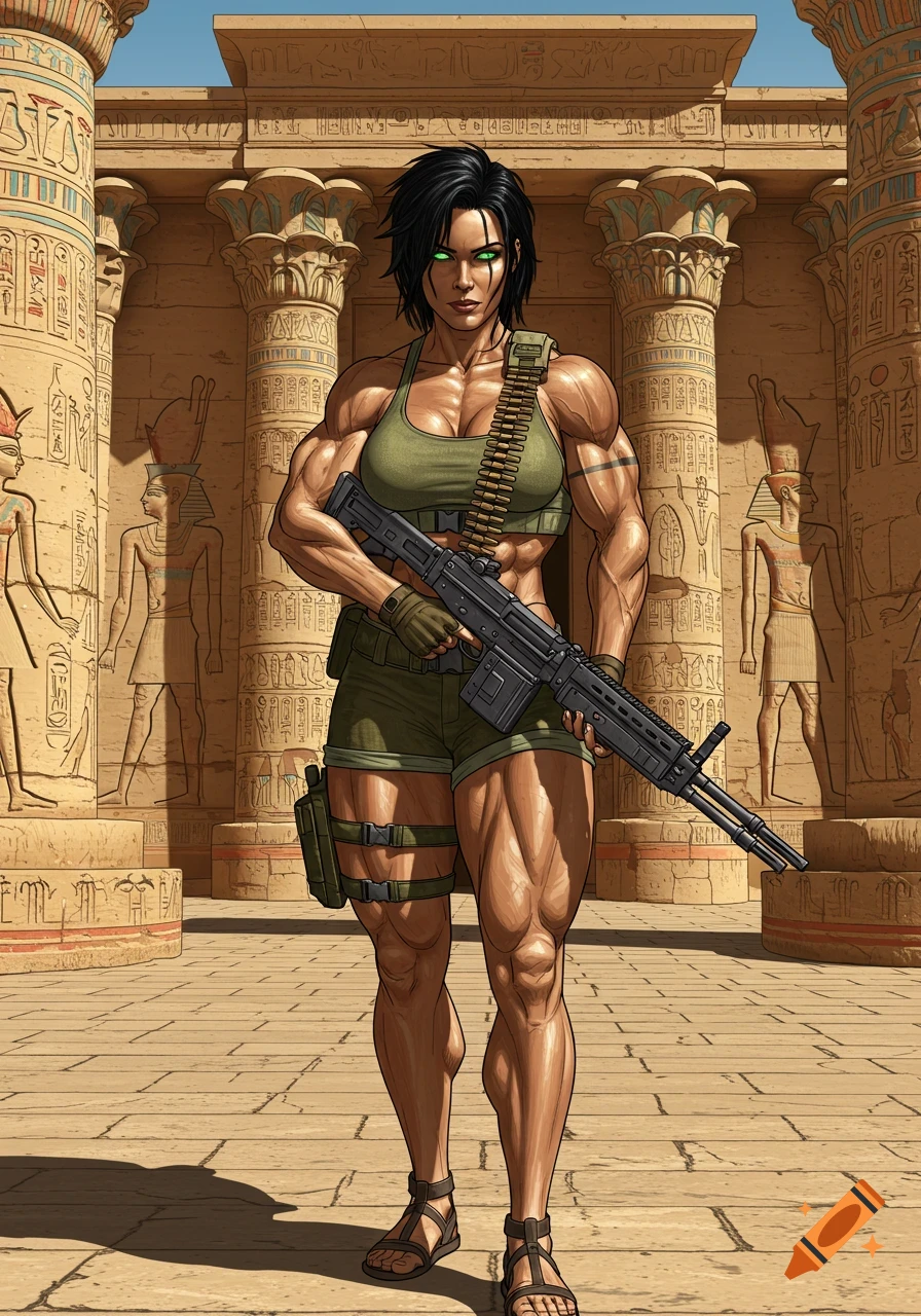 A muscular woman in tactical gear holds a rifle in an ancient Egyptian temple in a comic book art style.