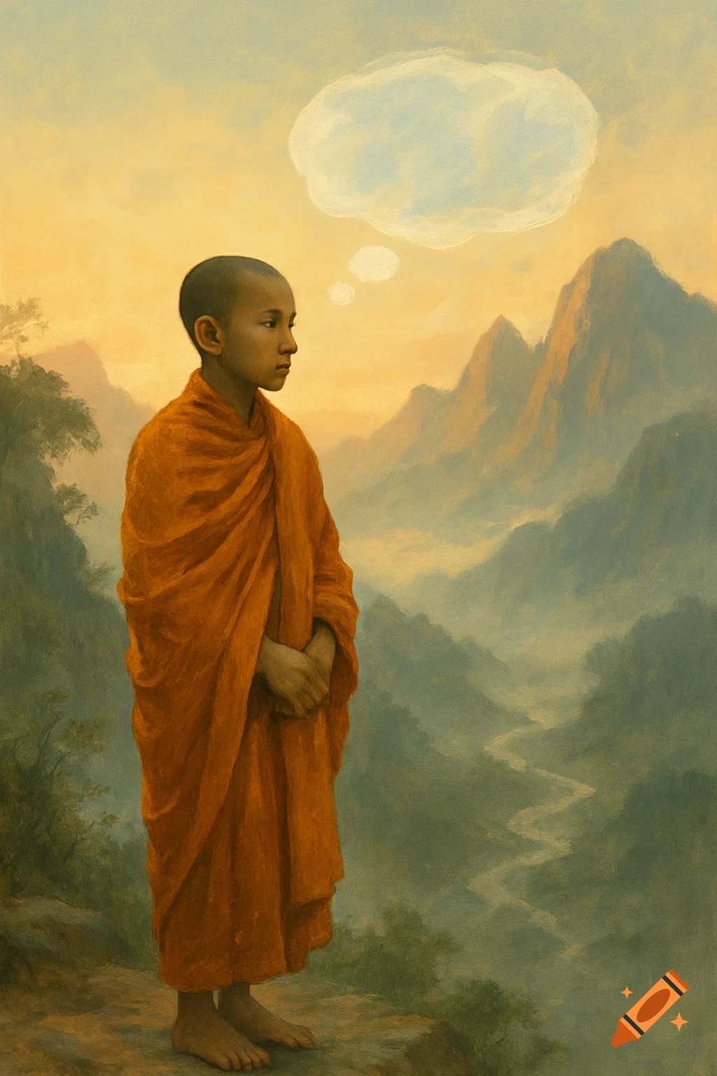 A young monk in an orange robe stands on a cliff overlooking misty mountains, with an empty thought bubble above, in a painterly style.