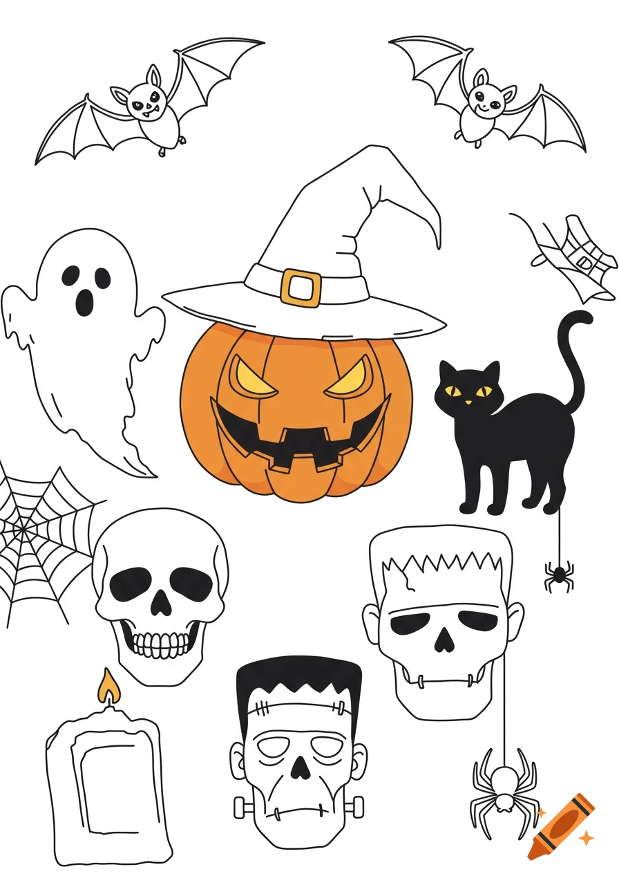 A coloring page style illustration of Halloween items including a jack-o-lantern, witch's hat, ghost, skull, Frankenstein, bats, spiders, and a black cat.