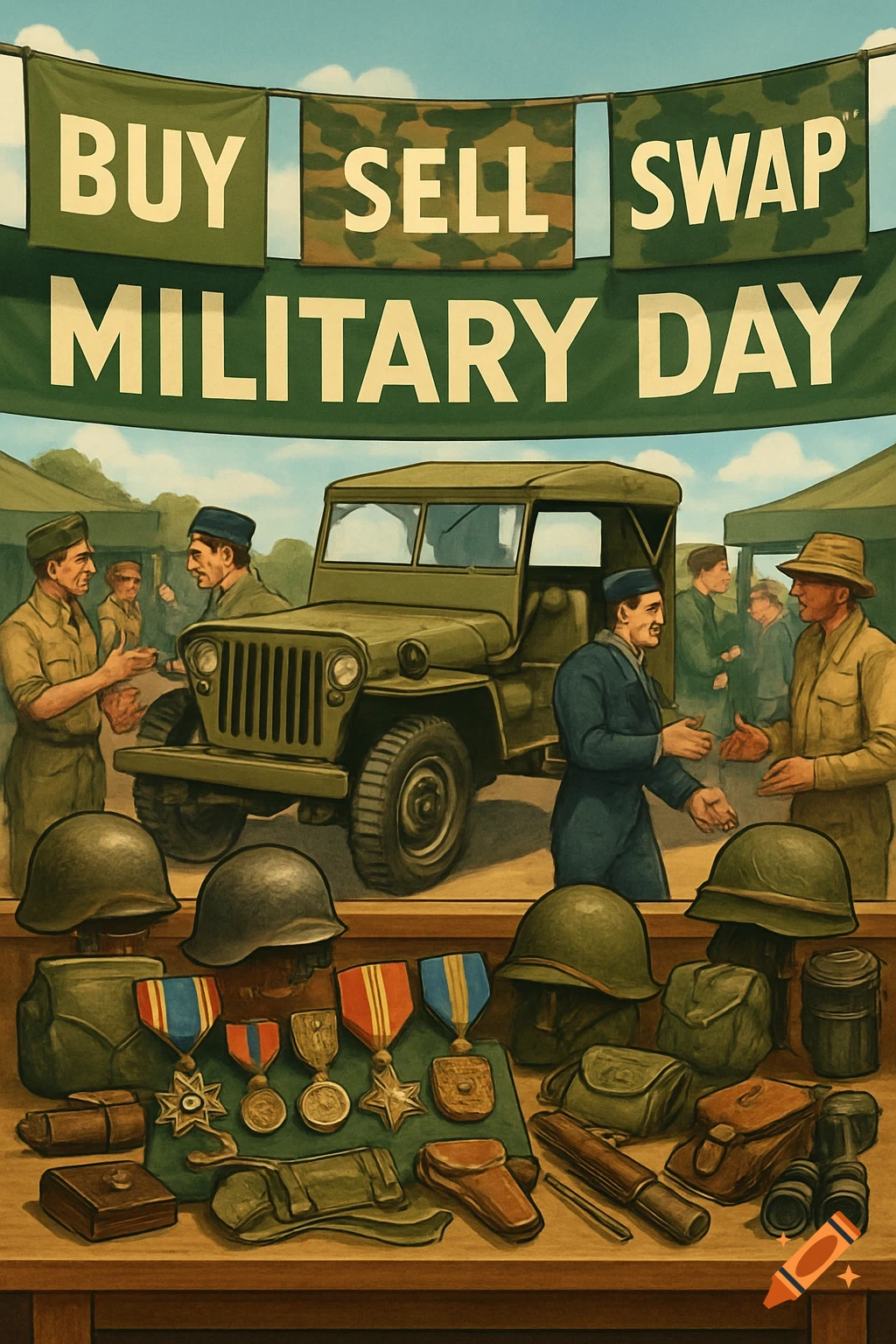 Vintage illustration of a military day market with people, a jeep, and a table of military gear under banners reading 'BUY SELL SWAP MILITARY DAY'.
