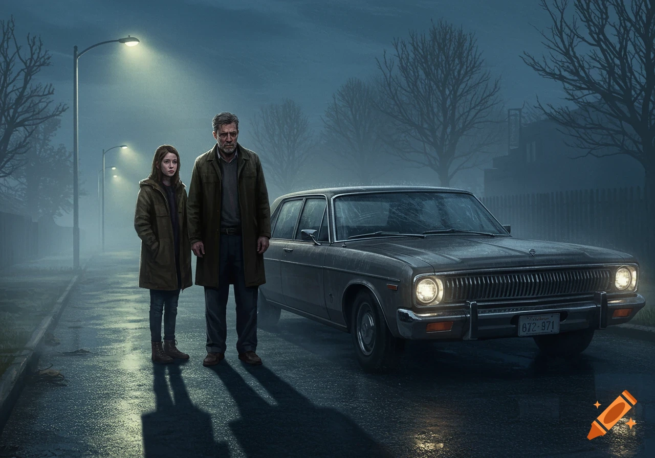 A man and a teenage girl stand beside an old car on a wet, foggy street at night under streetlights, realistic.