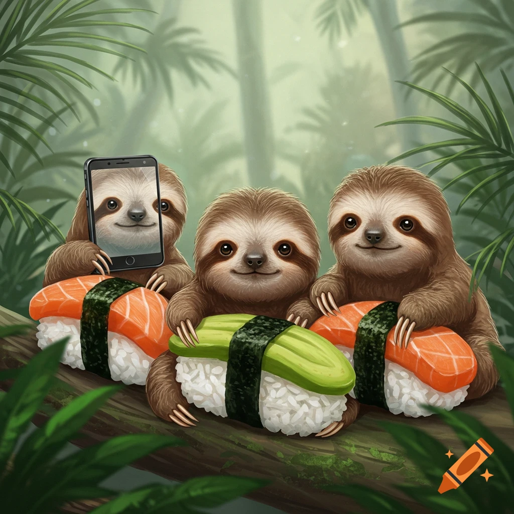 Three cute baby sloths in a lush jungle. Two sloths hold salmon nigiri sushi, one holds cucumber nigiri, and one holds a smartphone showing a sloth selfie.