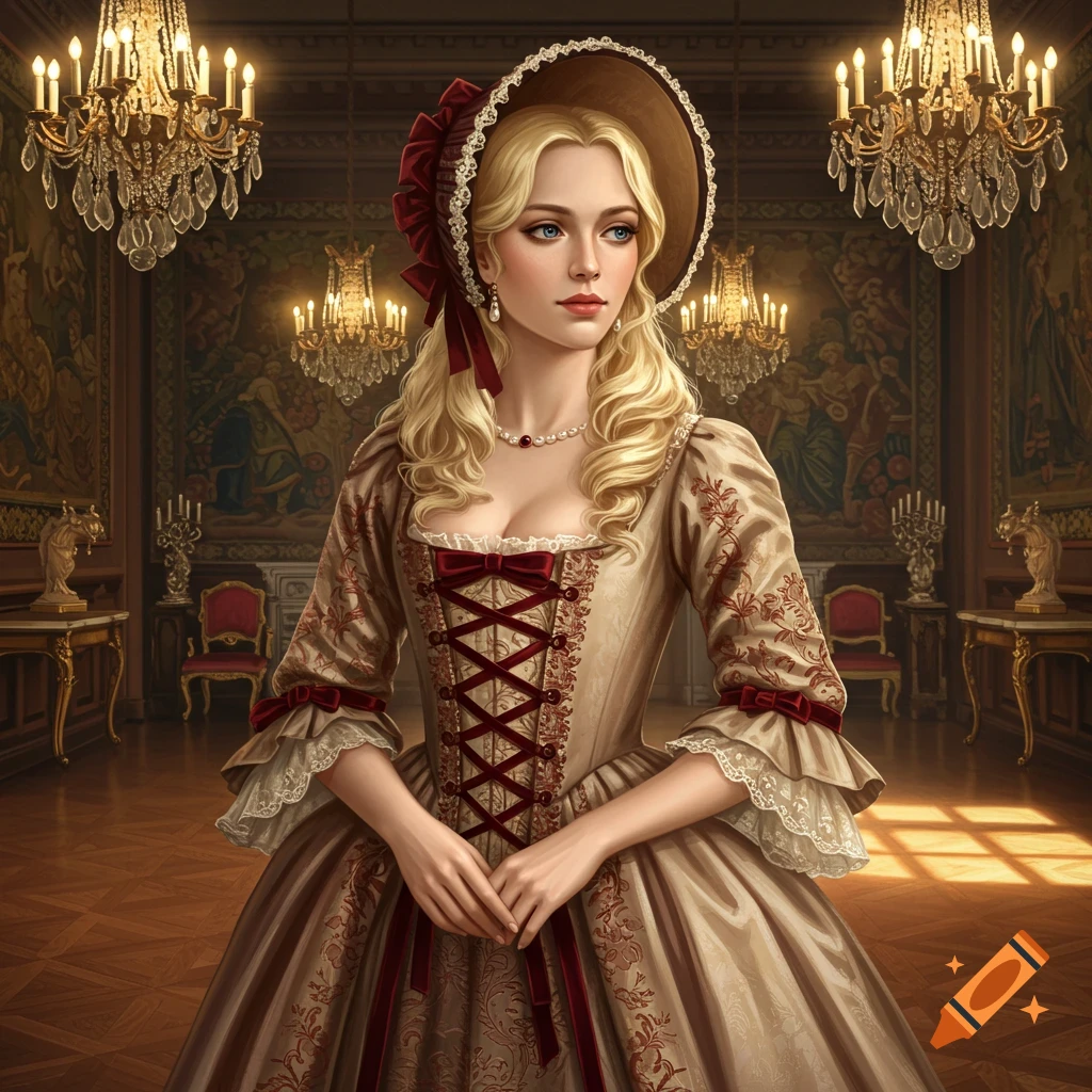 Blonde woman in an ornate 17th-century gown and bonnet in a grand hall with chandeliers and tapestries.