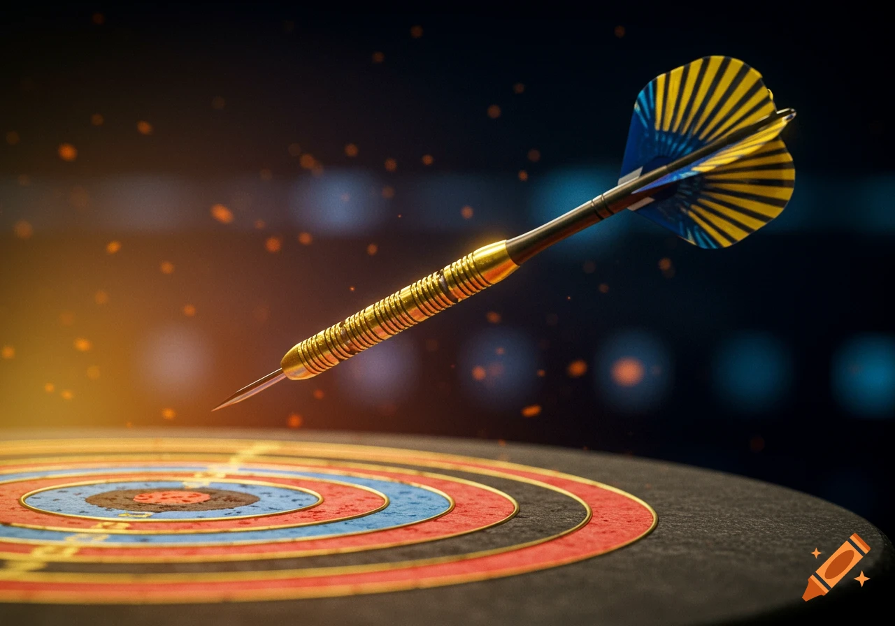 A close-up, dramatic shot of a dart with blue and yellow fletching hovering above a dartboard, with golden light and particles in the background.