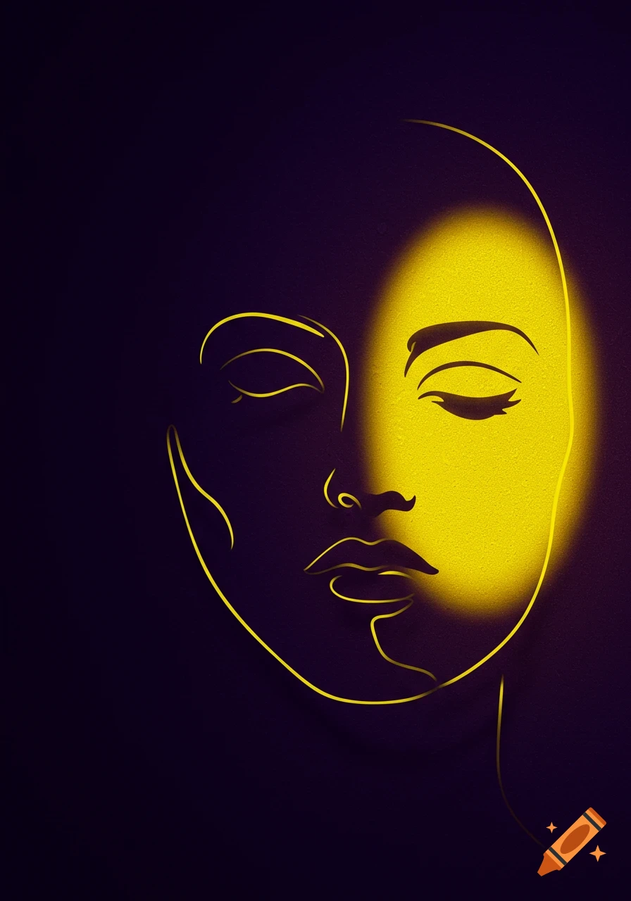 Stylized line art portrait of a face, half illuminated in bright yellow against a dark purple background.