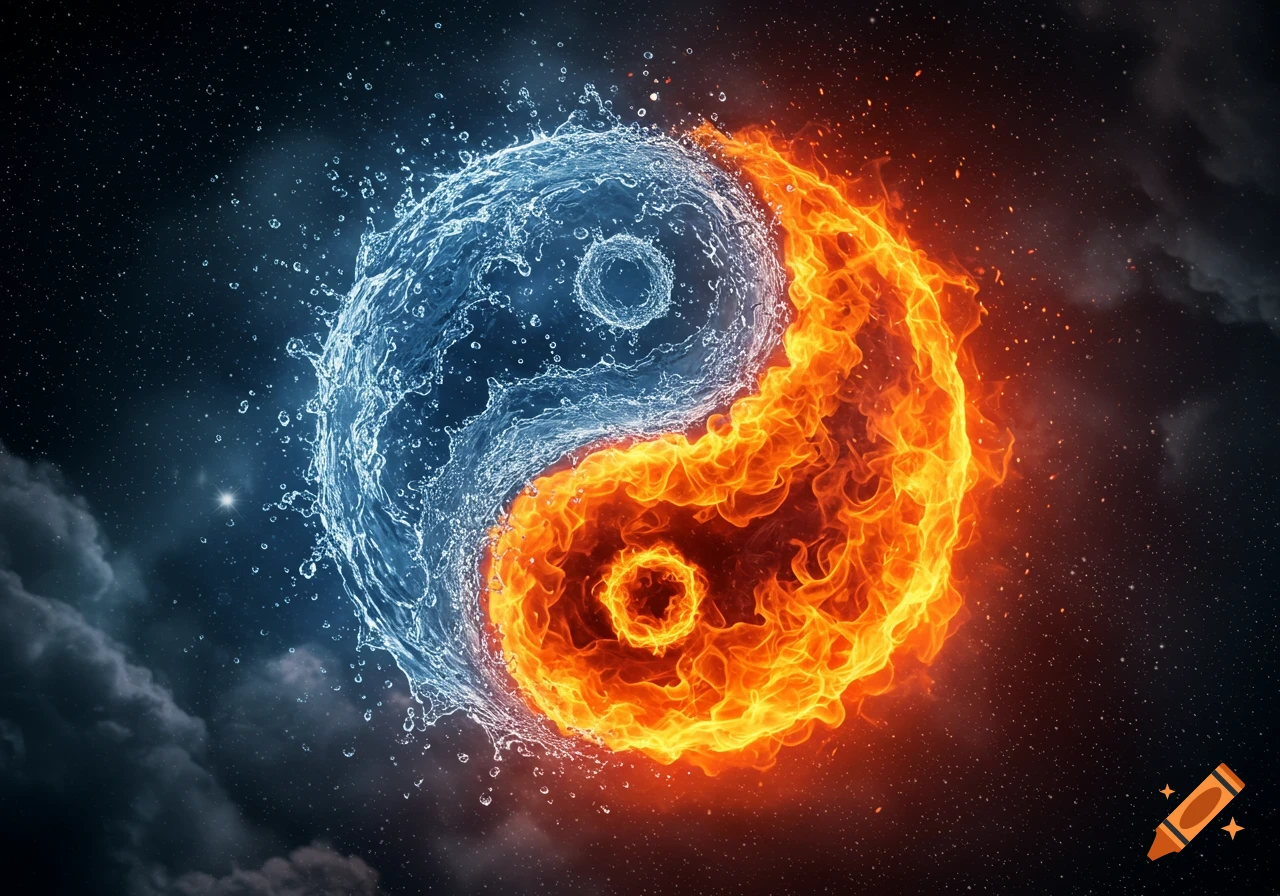 Surreal yin-yang symbol of swirling blue water and blazing orange fire against a starry cosmic background.
