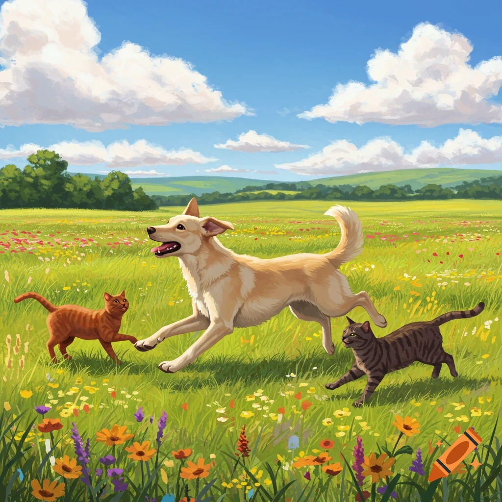 A light brown dog runs and plays with an orange cat and a striped cat in a vibrant green meadow filled with colorful wildflowers under a bright blue sky.