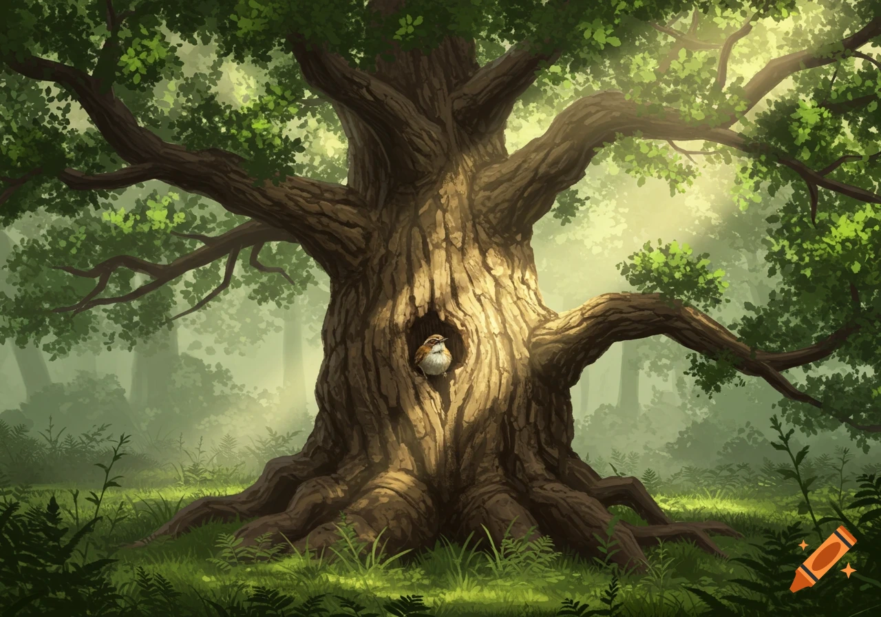 A large, gnarled oak tree with a small bird in a hollow, bathed in sunlight in a misty forest. Illustrative style.