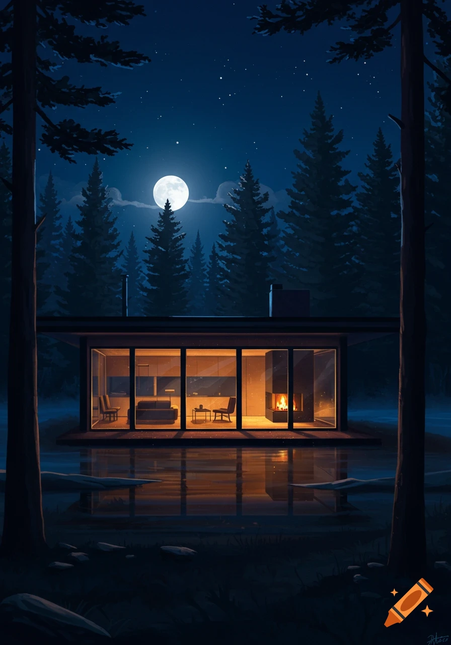An illustrated modern glass cabin with warm lights reflecting on water, surrounded by a dark pine forest under a full moon and starry night sky.