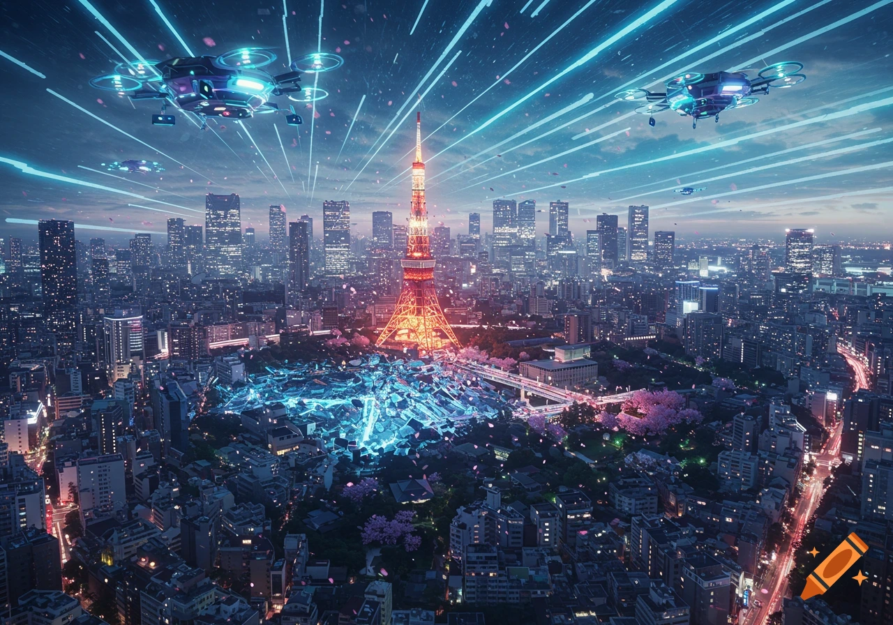 A futuristic, high-tech Tokyo cityscape at dusk with glowing Tokyo Tower, drones, blue light data streams, and pink cherry blossoms.