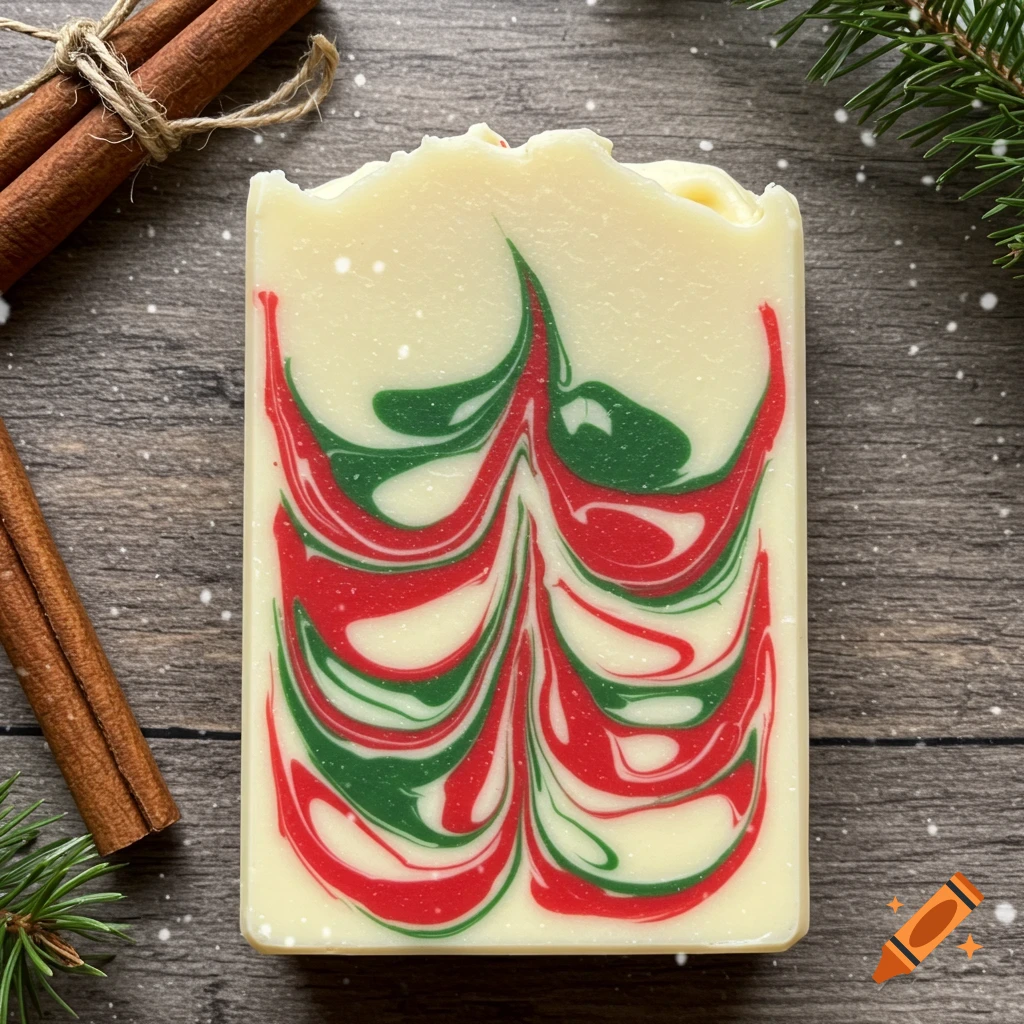 A Christmas-themed bar of ivory white soap with red and green swirls, next to cinnamon sticks and pine. Photorealistic.