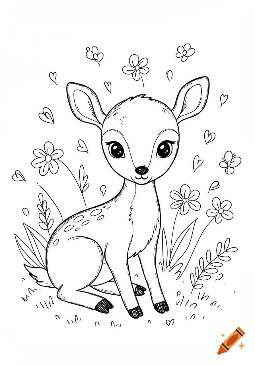 A cute baby deer sits among doodle-style flowers and hearts in black and white line art.