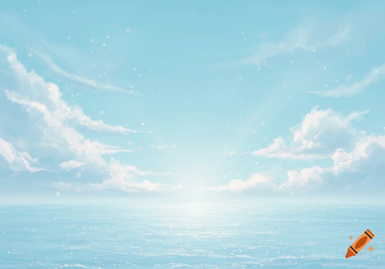 Delicate blue sky with soft white clouds over a shimmering light blue ocean.