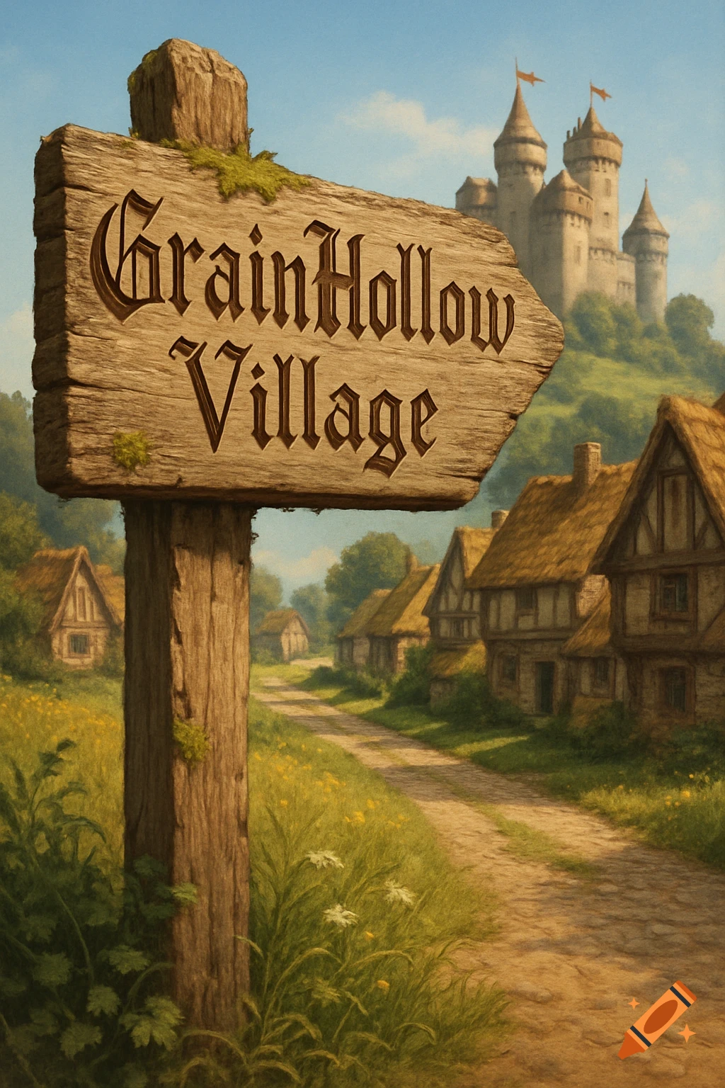 Painterly illustration of a wooden sign for 'GrainHollow Village', leading to a path, village houses, and a castle on a hill.