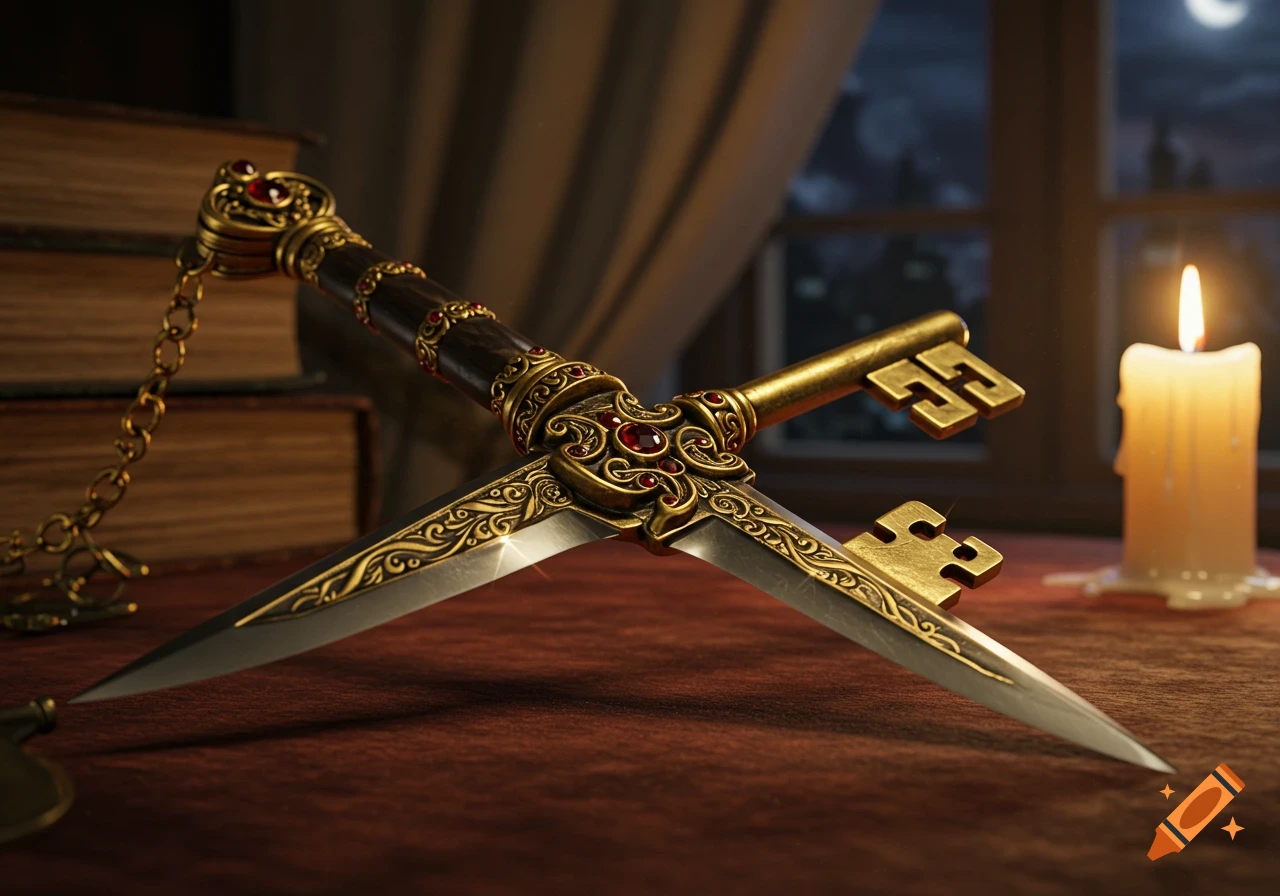 An ornate golden dagger shaped like a key with red gems rests on a wooden table, with old books and a lit candle in the background.