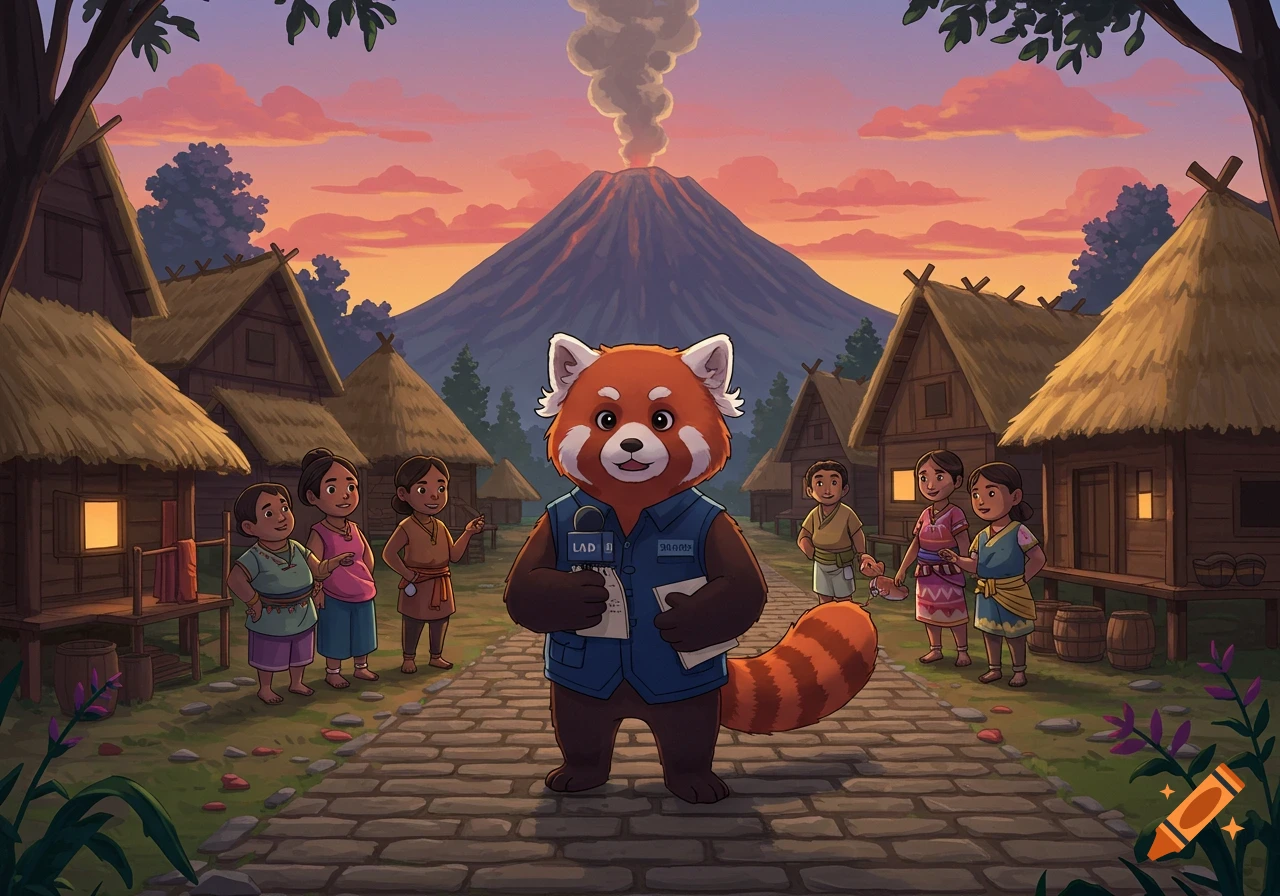 A cartoon red panda reporter in a blue vest interviews villagers in a village with thatched-roof houses, a smoking volcano, and a sunset sky in the background.