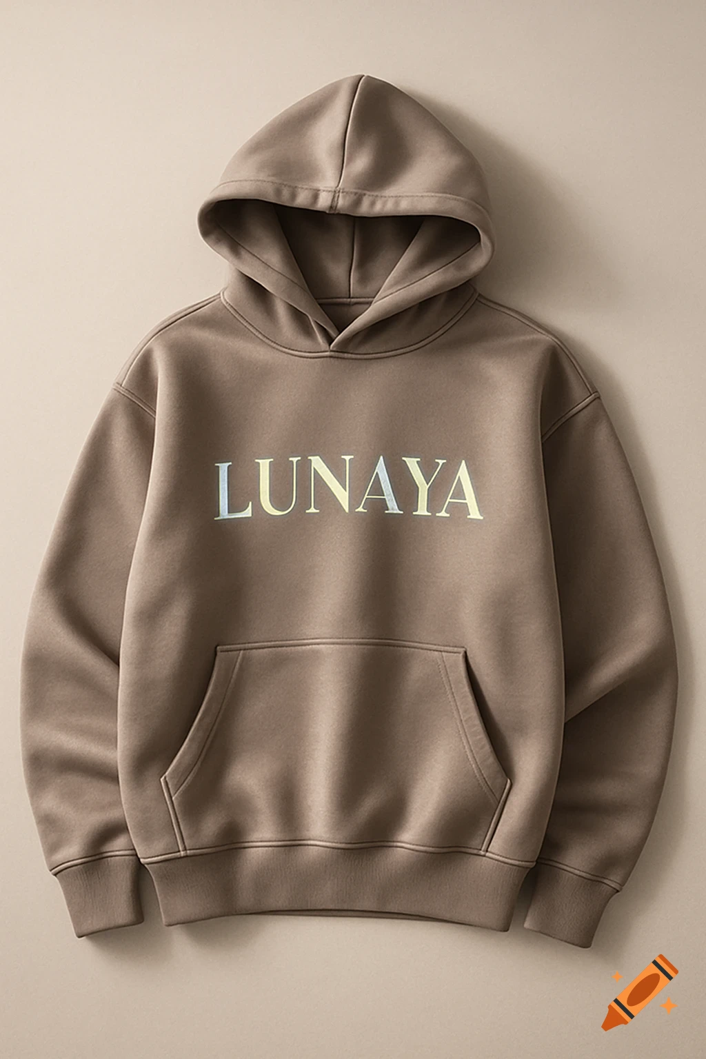 A plain brown hoodie with the word 'LUNAYA' printed in light blue and yellow on the chest, featuring a front pouch pocket.