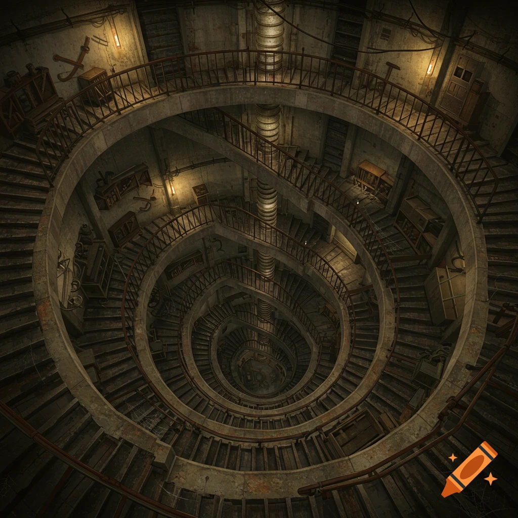 An eerie, dark, photorealistic image of a deep, spiraling industrial staircase descending into a basement.