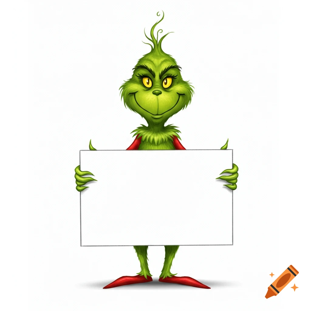A cartoon Grinch with green fur and yellow eyes, wearing red, holding a blank white sign against a white background.