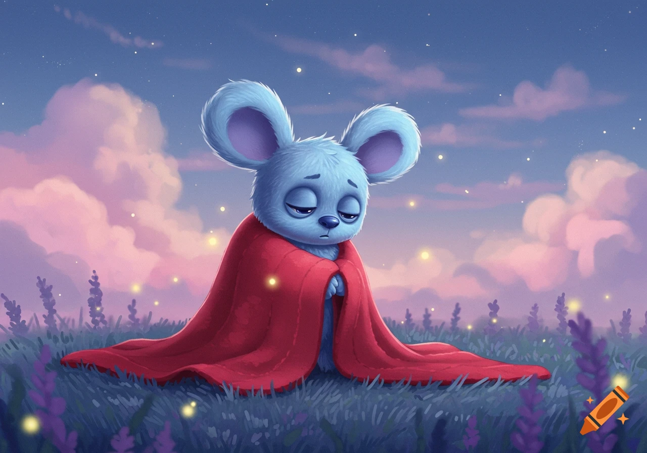 A sleepy blue mouse-like creature wrapped in a red blanket sits in a field of lavender under a starry night, cartoon style.
