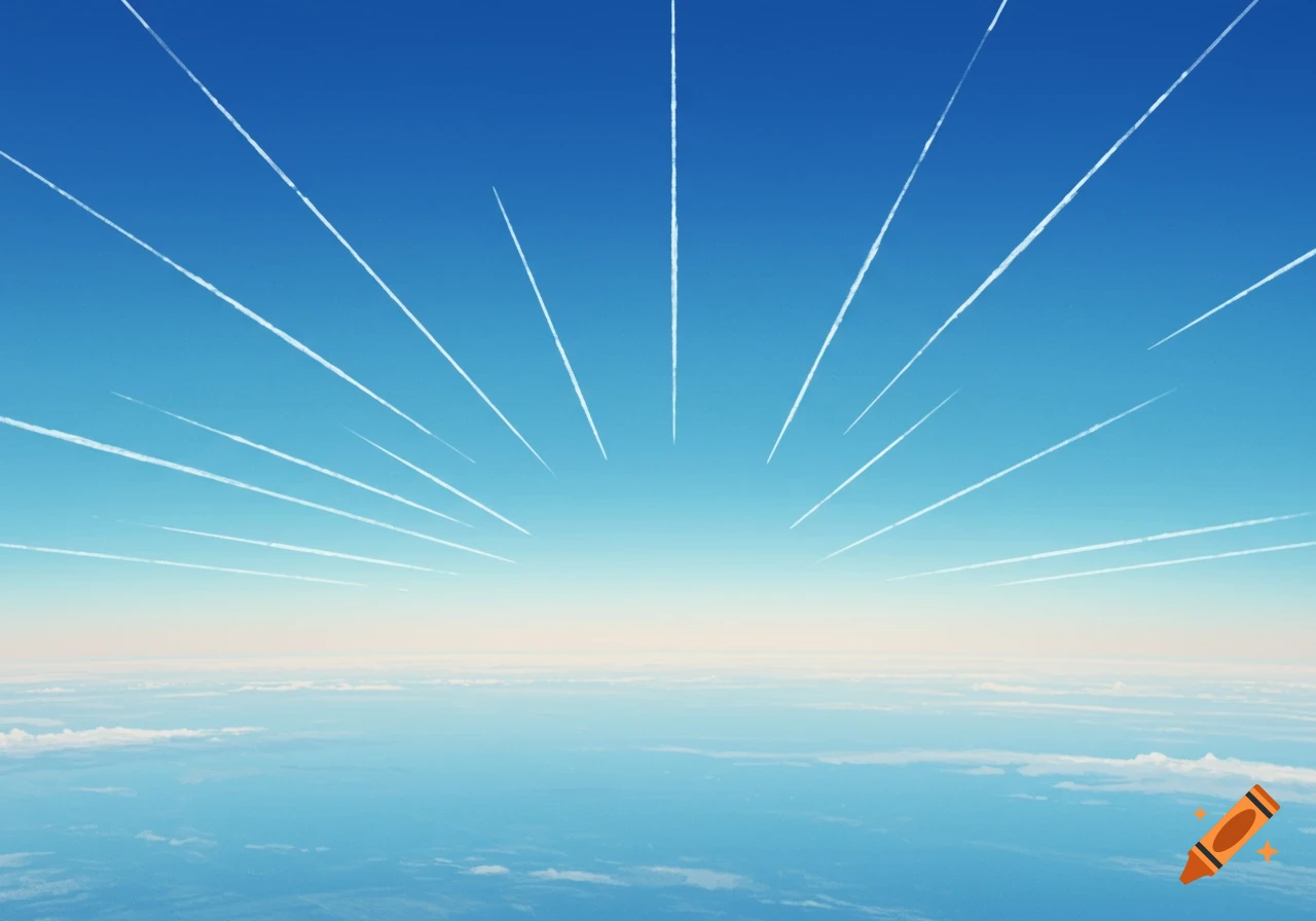 A clear blue sky with white contrails spreading across the upper half, above a hazy horizon and distant clouds.