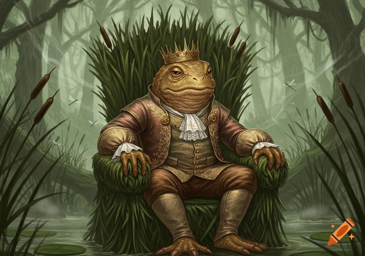 A fantasy illustration of a frog king in a golden crown and elaborate 17th-century attire, sitting on a cattail throne in a misty swamp.