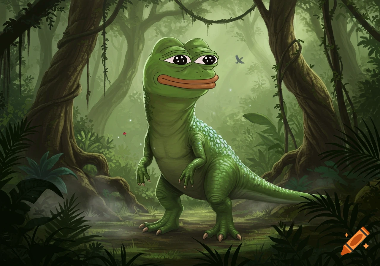 A cartoonish green Pepe the frog-headed dinosaur stands in a misty, lush jungle.