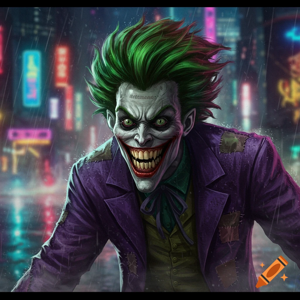 Stylized portrait of a Joker-like villain with bright green hair, a wide, menacing grin, and a patched purple suit, in a rainy city street with neon lights.