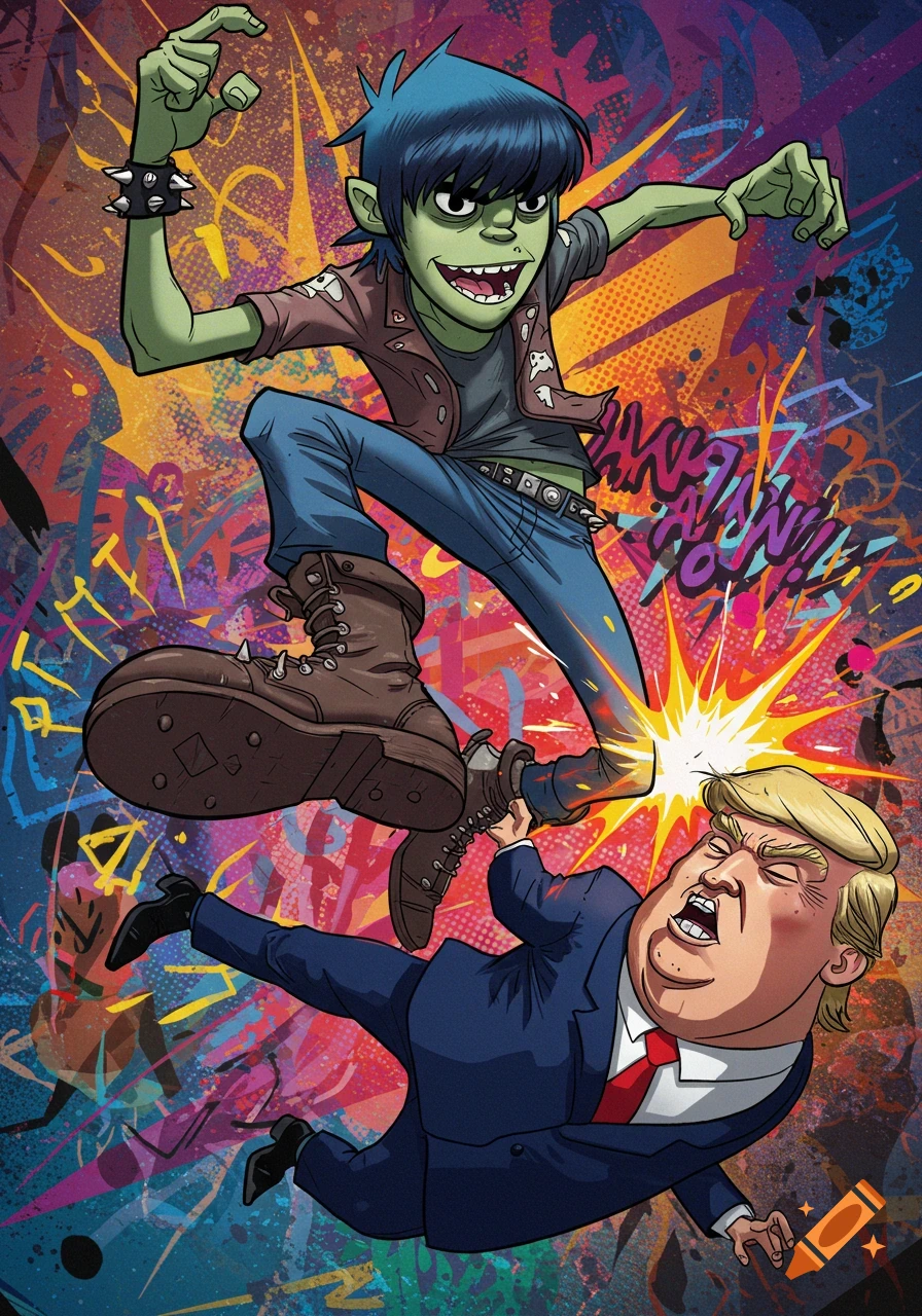 Murdoc Niccals from Gorillaz kicks Donald Trump in a vibrant, stylized cartoon with graffiti background.