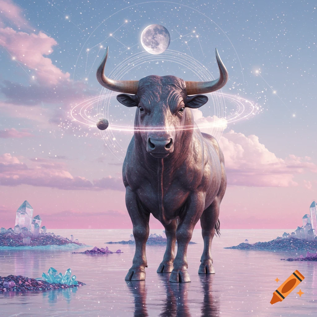 A powerful bull stands in shallow, reflective water under a cosmic pastel sky, with a full moon, stars, and glowing rings.