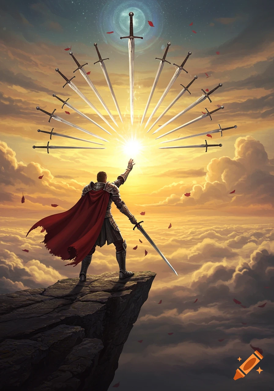 Armored knight in red cape on a cliff above clouds, hand raised towards bright light radiating a fan of swords in epic fantasy artwork.