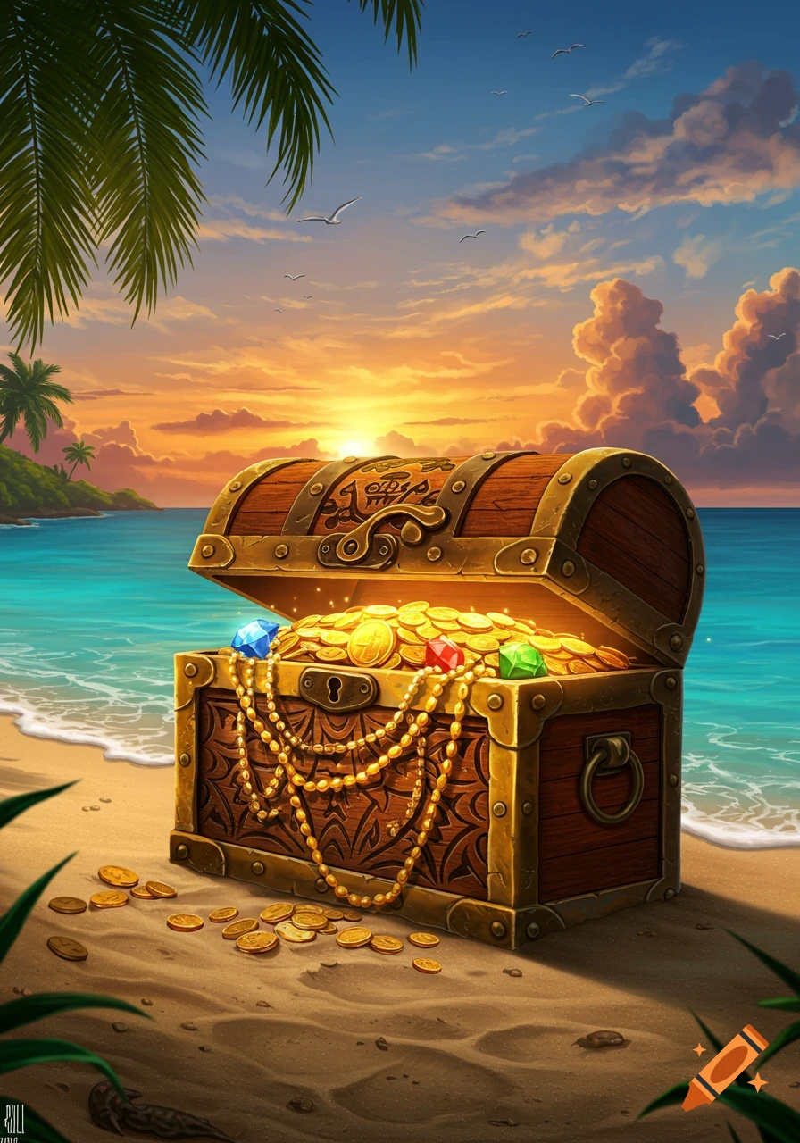 A wooden treasure chest overflows with gold coins and jewels on a sandy beach at sunset, with palm trees and ocean waves.