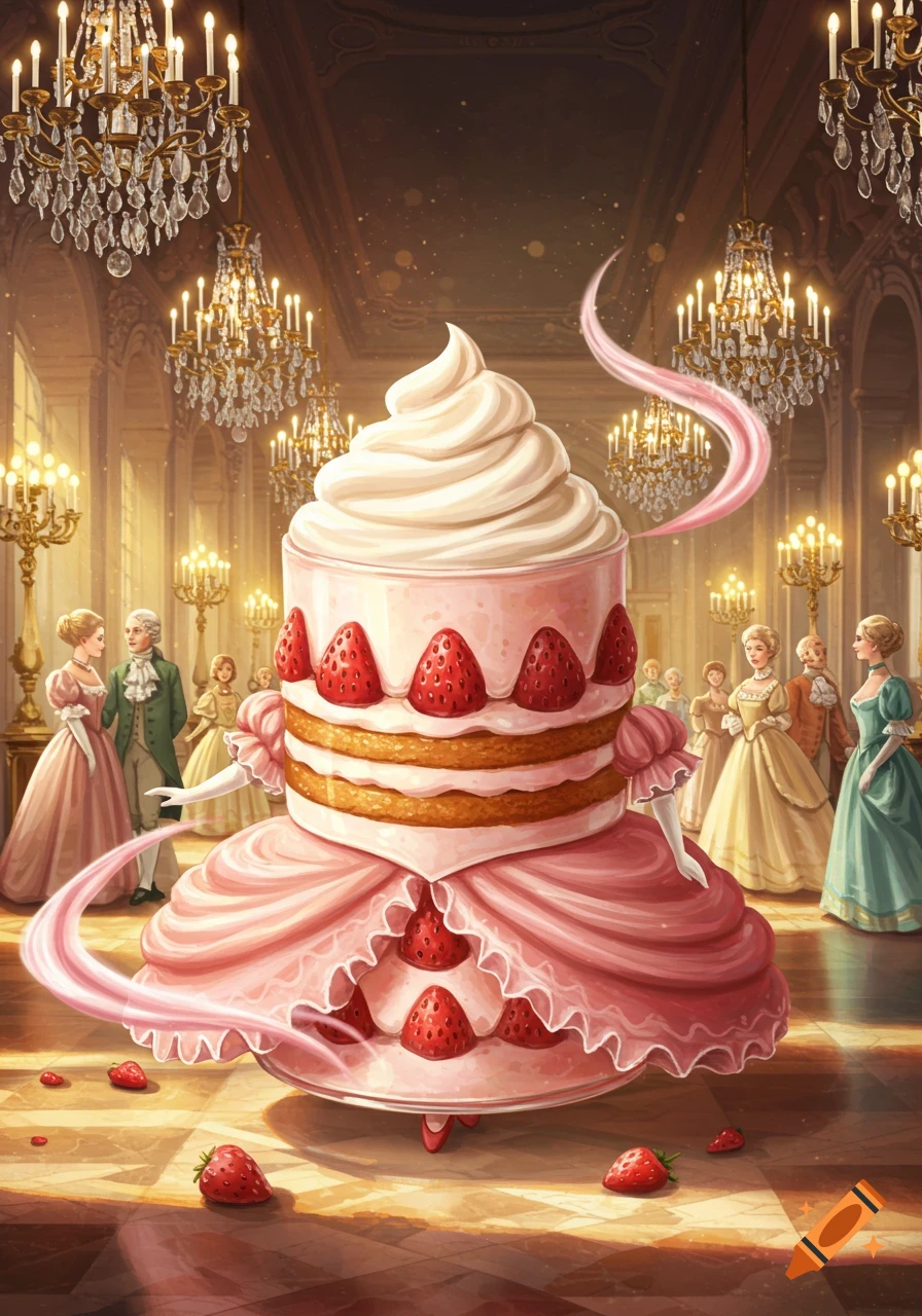 An anthropomorphic strawberry shortcake in a pink ballgown attends a grand ball with chandeliers and people in elegant attire.
