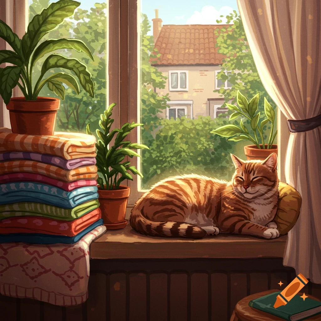 An orange tabby cat sleeps on a sunny windowsill next to potted plants and a stack of colorful blankets in a cozy, illustrative style.